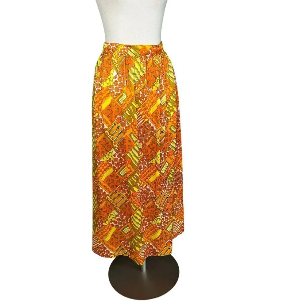 Vintage 60s 70s Pop Art Orange Yellow Geometric Nylon Maxi Skirt